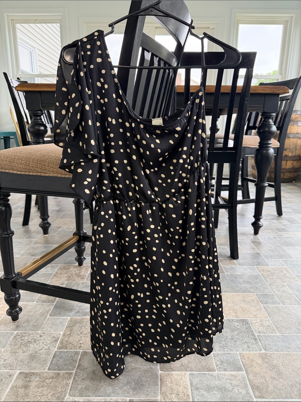 Black One-Shoulder Polka Dot Dress in Cream